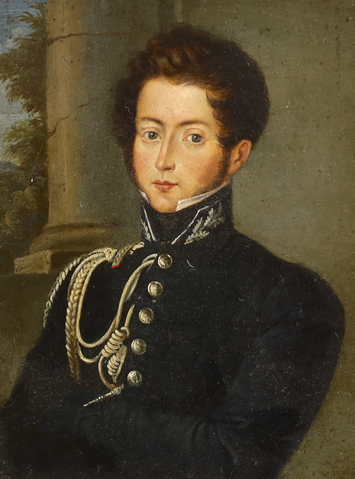 Early 19th century French School, oil on board, Portrait of an officer in uniform, inscribed verso, 14.5 x 11cm